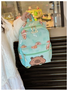 Detail of mint green children backpack with cute capybara print and durable zipper pockets