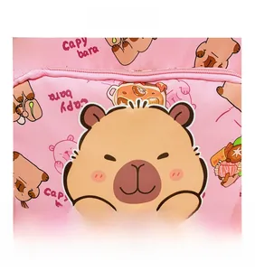 Detailed close-up of pink Capybara backpack featuring digital prints and smooth zippers