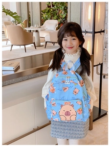 Close-up of cute blue capybara print backpack with functional front zipper and side mesh pocket