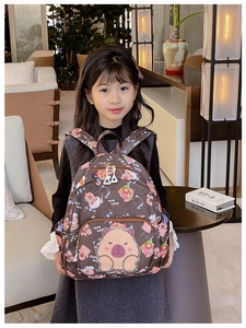 Detail of cute Capybara cartoon prints on a waterproof nylon kids backpack