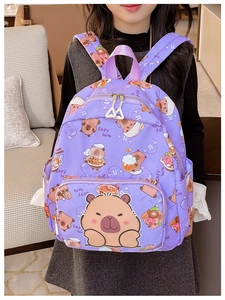 Close-up of cute cartoon capybara print and double zipper on purple kids backpack