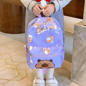 Purple ergonomic kids backpack with cute cartoon capybara prints for school and travel