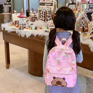 Pink lightweight kindergarten backpack with cute cartoon Capybara prints for girls