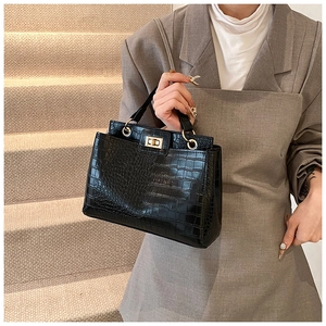 Detail of black crocodile texture handbag with gold twist lock on grey suit model