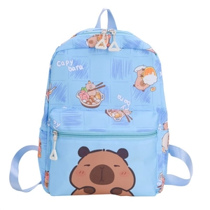 Cute light blue children's capybara print backpack with adjustable shoulder straps