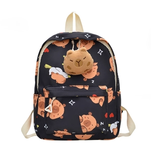 Niedlicher Wasserschwein-Rucksack mit Plüschbär-Anhänger und wasserdichtem schwarzem Stoff