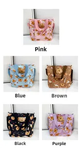 Detailed view of canvas tote bags in five colors with 3D plush capybara decoration