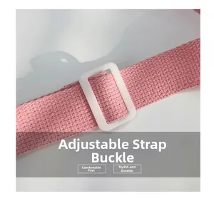 Detailed macro view of pink woven shoulder strap with white adjustable plastic buckle