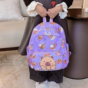 Cute purple Capybara cartoon backpack for kids with multiple pockets and fun patterns
