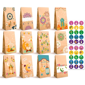 Sacchetti Regalo in Carta Kraft Ramadan Eid Mubarak Con Motivo a Stella Luna Lanterna Per Festa Caramelle E Adesivi