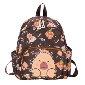 Cute brown cartoon capybara school backpack for children with multiple pockets