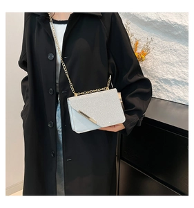 Close-up of glitter silver crossbody bag with gold metal chain on black wool coat
