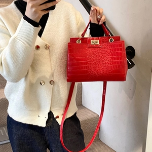 Red crocodile texture handbag with gold metal lock for women, stylish crossbody tote bag