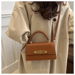 Detail of a brown leather crossbody bag featuring a golden metallic long bar lock buckle