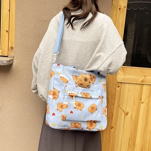Capybara Cartoon Print Shoulder Bag Nylon Casual Large Capacity Tote With Plush Ornament For Students Cute Crossbody Bag