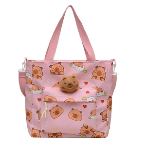 Pink Capybara tote bag with cute cartoon prints and a 3D plush doll decoration