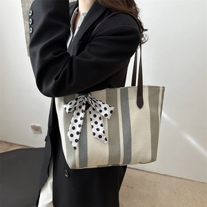 Fashion Striped Canvas Tote Bag For Women Large Capacity Shoulder Bag With Polka Dot Scarf Bow Minimalist Commuter Handbag