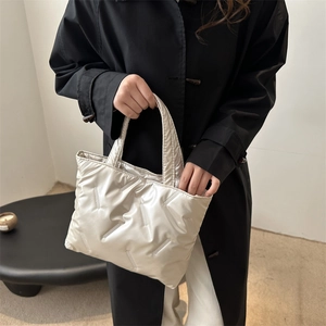 Silver quilted down tote bag with V-shaped stitching and large capacity for women