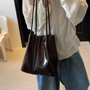 Retro oversized soft leather tote bag for women in glossy burgundy with long straps