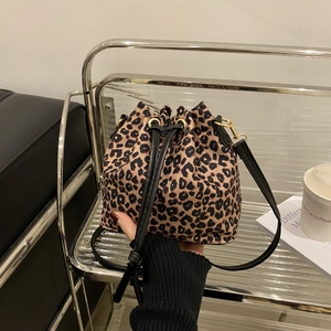Trendige Damen Leopardenmuster Eimertasche Casual Segeltuch PU Leder Kordelzug Schulter Umhängetasche Vintage Kleine Handtasche