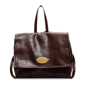 Deep brown oil wax leather backpack with golden oval buckle and top handle for women