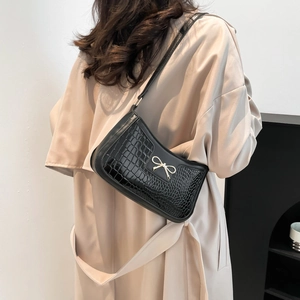 Vintage Women PU Leather Shoulder Bag Retro Crocodile Texture Leopard Print Bowknot Underarm Bag Fashion Casual Handbag