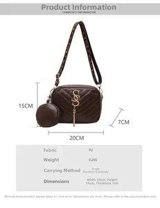 Brown quilted crossbody bag with golden hardware, measuring 20x15x7cm in detail
