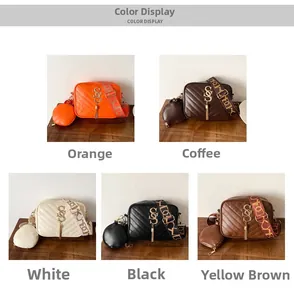 Detail showing five colors of quilted chain bags with logo tassels and wide straps