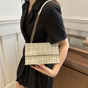 Damen Tweed Gitter Schultertasche Elegante Kleine Quadratische Umhängetasche Mit Metallkette Vintage Flap Handtasche