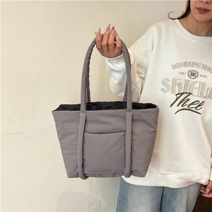 Quilted puffer tote bag for women in dark grey nylon, large capacity shoulder bag for daily use