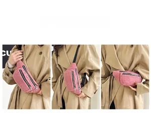 Detailed views of pink plush waist bag featuring fuzzy texture and zip pockets