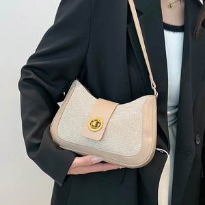 Women Underarm Shoulder Bag PU Leather Glitter Fabric Round Gold Twist Lock Small Fashion Crossbody Square Purse