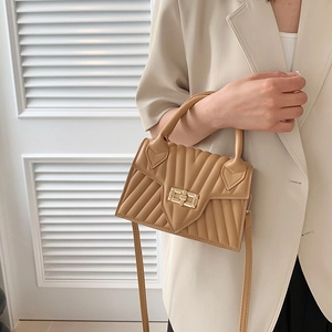 Women Quilted PU Leather Shoulder Bag With Metal Turn Lock Small Square Crossbody Handbag Elegant Stylish Fashion