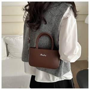 Detail of a dark brown square handbag with silver metal plate and adjustable strap