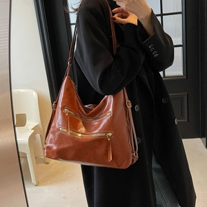 Sac à Épaule en Cuir PU Rétro pour Femmes Grande Capacité Sac Fourre-Tout Vintage Cire d'Huile Double Poche Zippée Sac à Main Décontracté