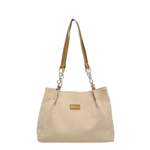 Sac fourre-tout beige en velours côtelé avec anses en cuir marron et chaînes dorées