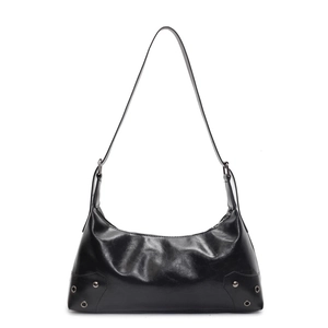 Retro black hobo bag in glossy leather with silver rivets and adjustable strap
