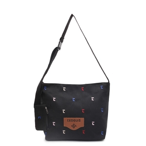Black canvas bucket bag with colorful embroidery and side purse in a full-view perspective