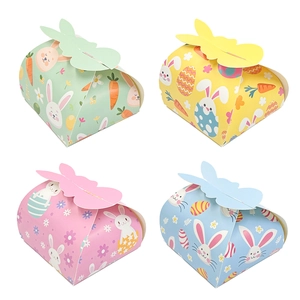 Detailed grid view of colorful Easter bunny gift boxes in four vibrant spring pastel colors