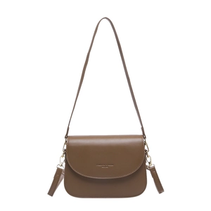 Minimalist brown saddle crossbody bag with adjustable strap and golden metal hardware