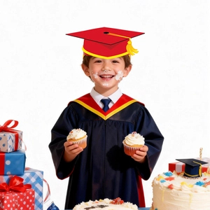 Dettaglio della toga da laurea blu scuro per bambini con rifiniture in raso colorato