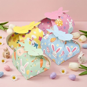 Easter bunny paper gift boxes in macaron colors with cartoon eggs and flower patterns