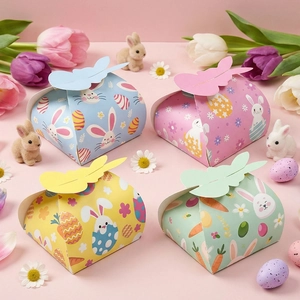Easter bunny paper gift box set in pastel colors with cartoon patterns and rabbit ear lid