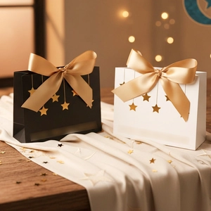 Elegante schwarz-weiße Geschenktüten mit Goldfoliensternen und Satin-Schleifen