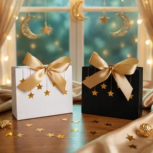 Geschenktüten Aus Kraftpapier Mit Heißfolienprägung Satin-Schleife Stern-Mond-Druck Für Ramadan Eid Hochzeit Geburtstag Geschenke Handtasche