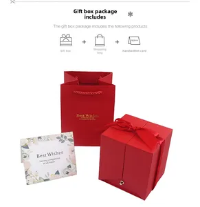 Three-piece red gift box set including a bow box, matching tote bag, and greeting card