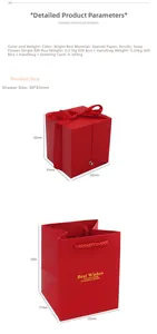 Red jewelry gift box with drawer and matching bag featuring dimension details and soap flowers