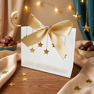Detail der weißen Geschenktüte mit goldenen Sternen und Satinschleife für Eid-Feiern
