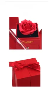 Detail of red rose jewelry box with double doors and a functional pull-out drawer