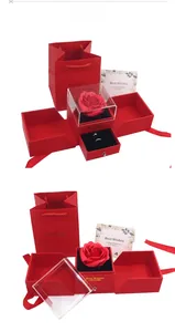 Red double-door rose jewelry gift box set with matching carrier bag and greeting card